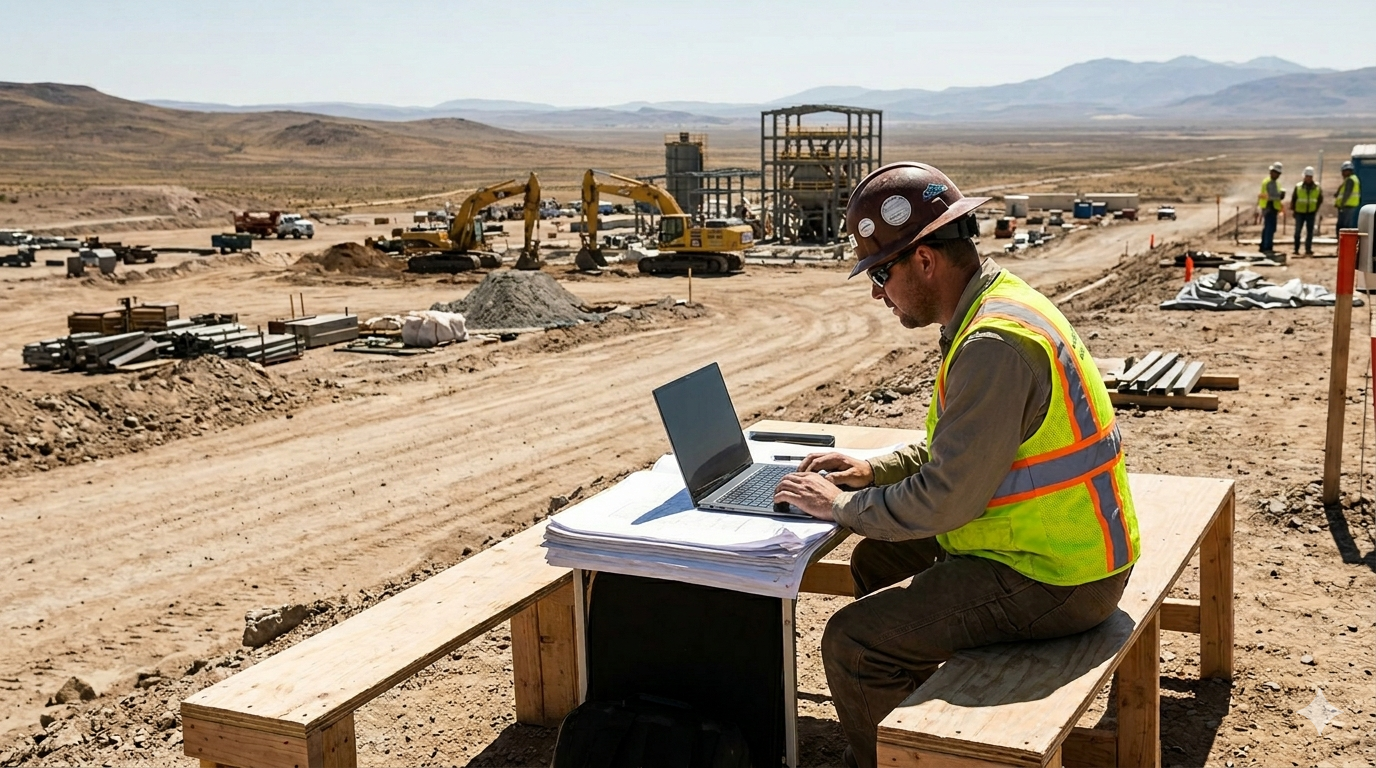 Construction worker with a laptop